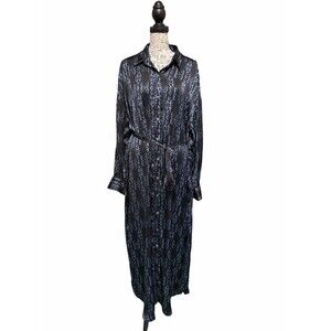 Banana Republic Tie Waist Long Sleeve Maxi Shirt  Black/Blue Sz XL Whimsical